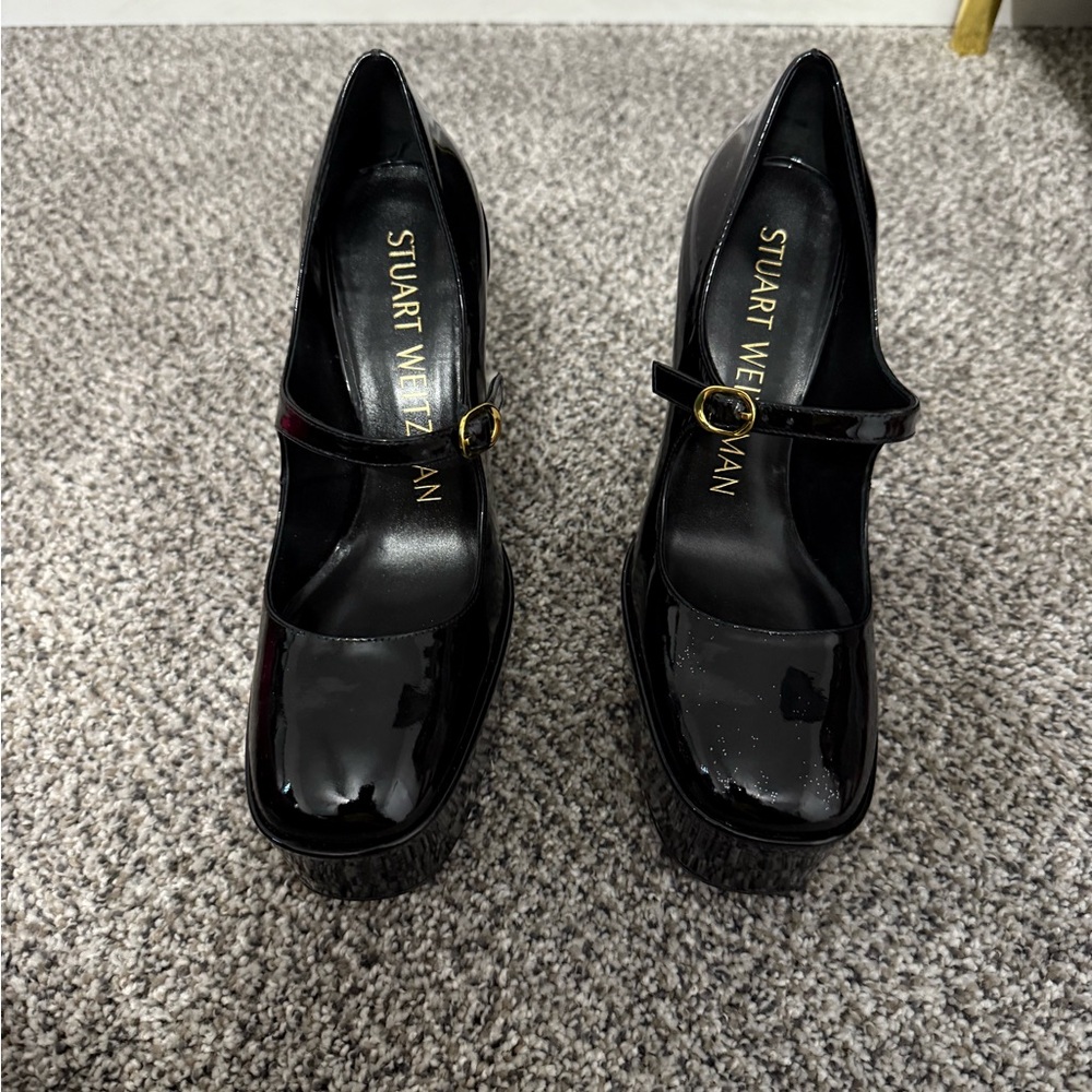 Stuart Weitzman Black Patent Mary Janes with Chunky Heel